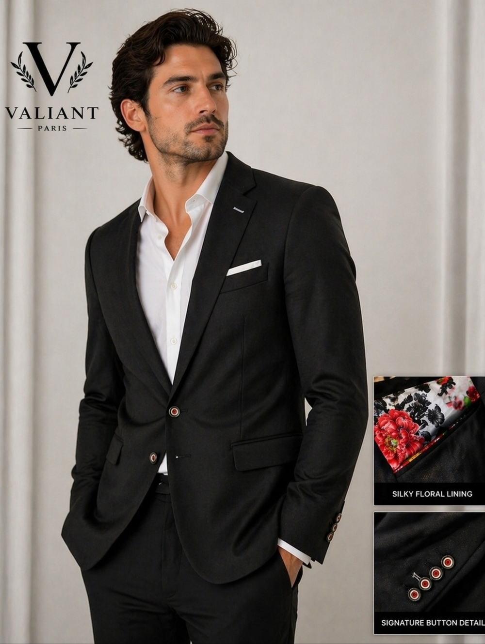 Valiant Paris black pocketed blazer with silky floral lining sz L